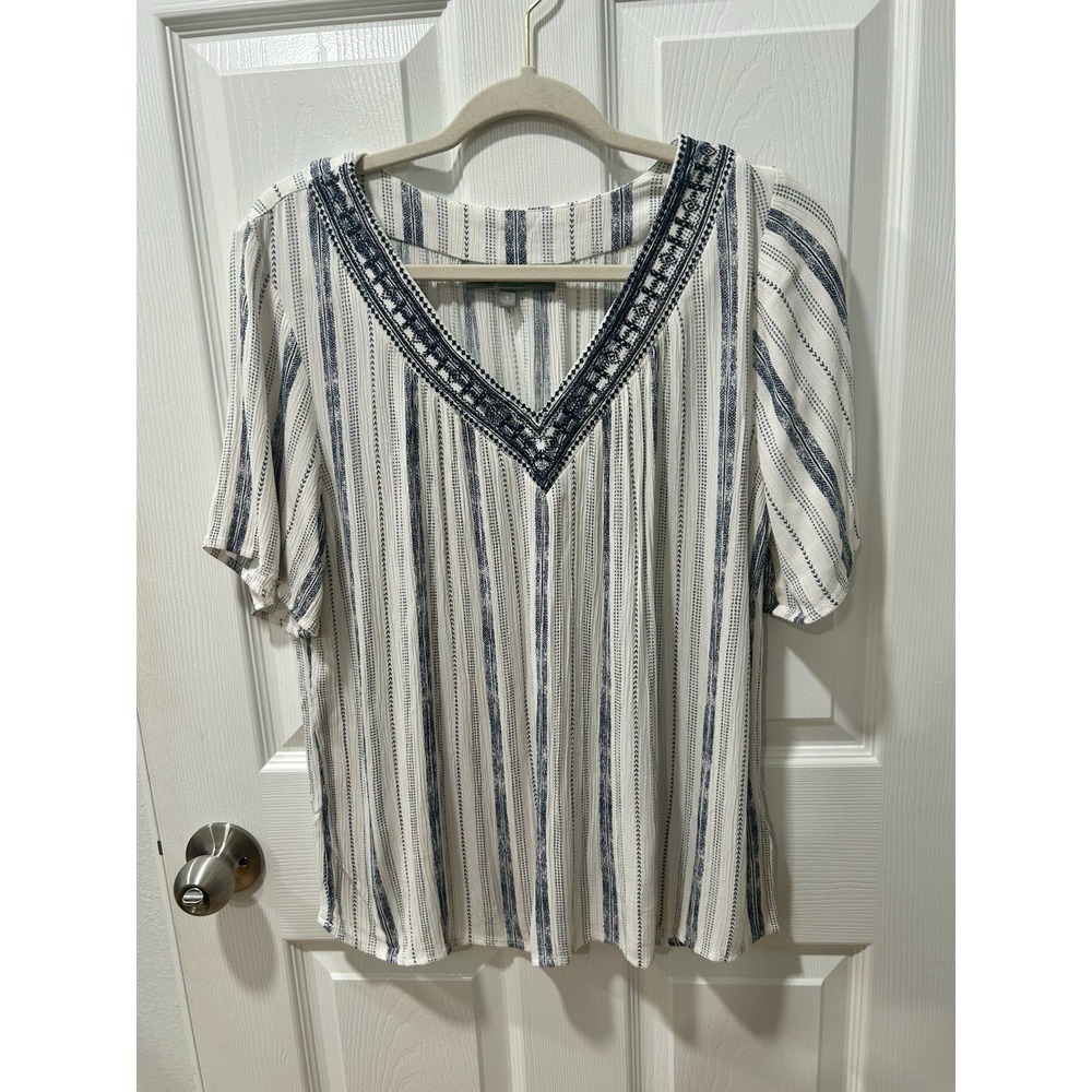 Berkley Jensen Women's Blue Vertical Stripe Boho Flowy V Neck,‎ Size Large